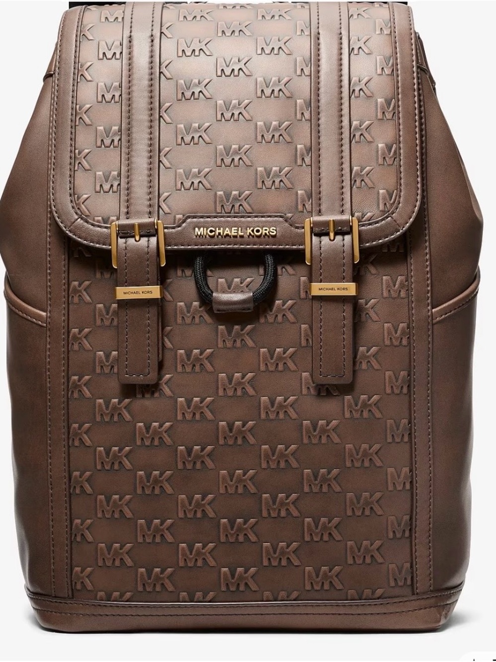 Michael Kors Brown Embossed MK Leather Backpack with Gold-Tone Hardware